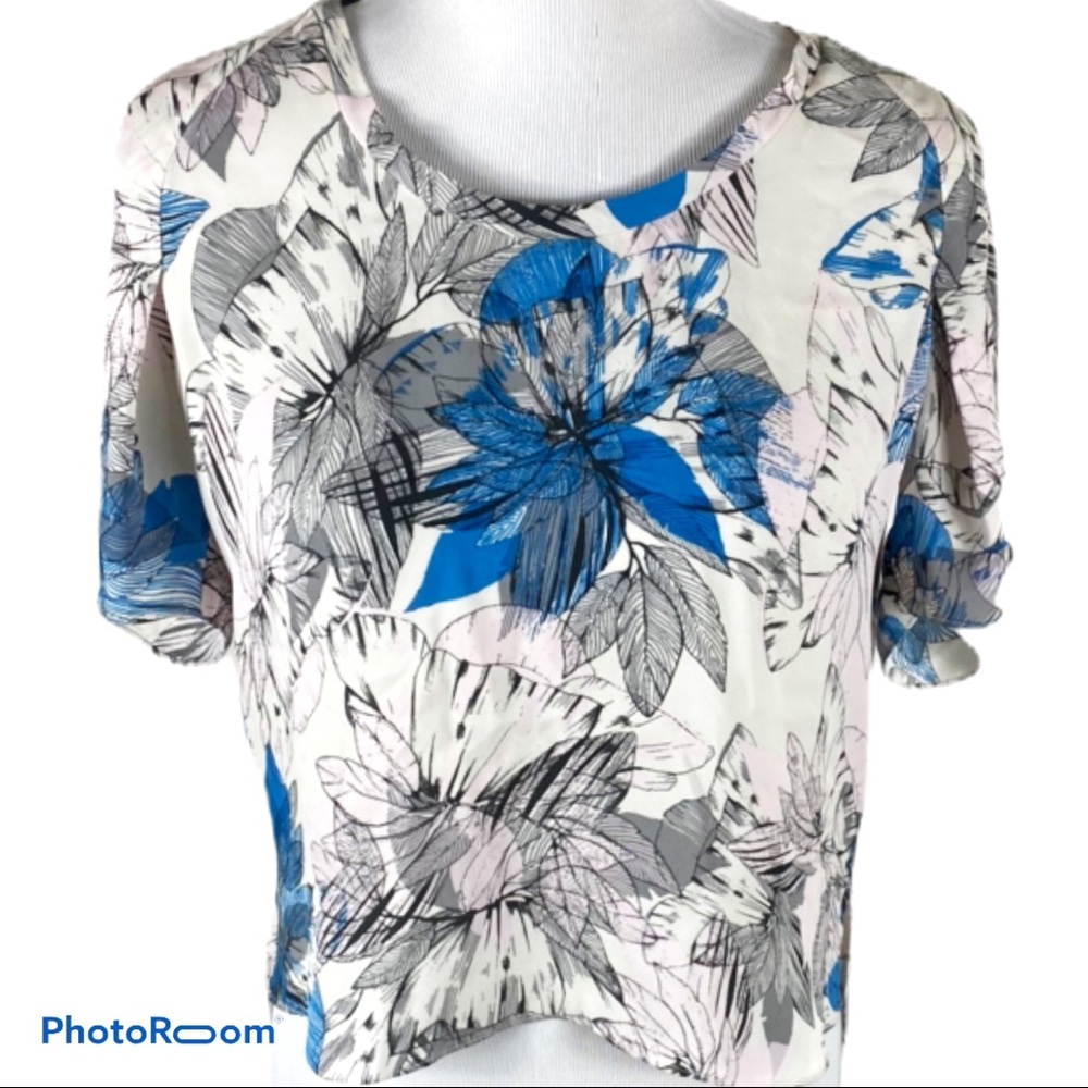 Rebecca Taylor 100% silk floral blouse blue sz 2
